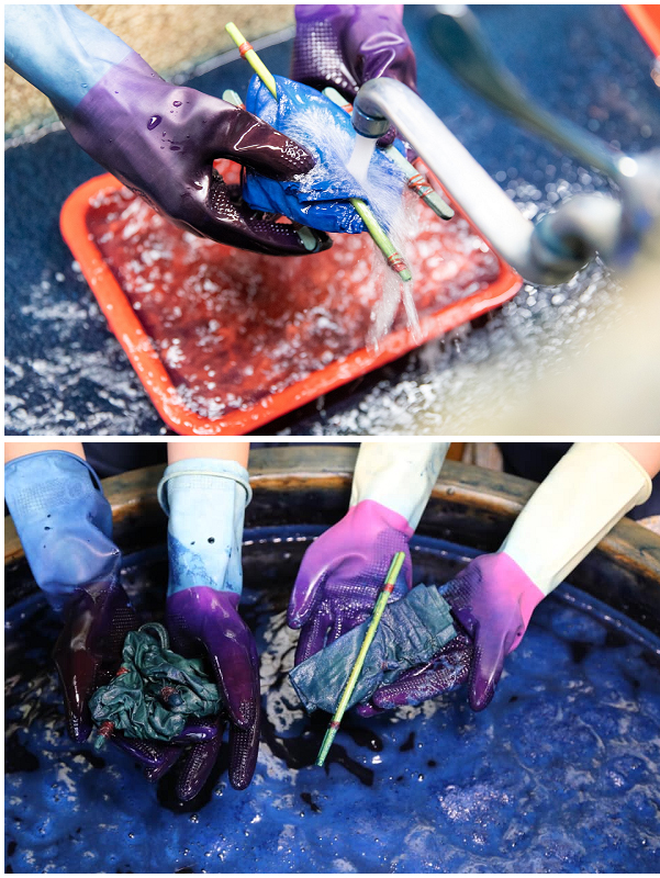 Soak the tied fabric in the blue dye vat and then repeatedly rinse and soak it again