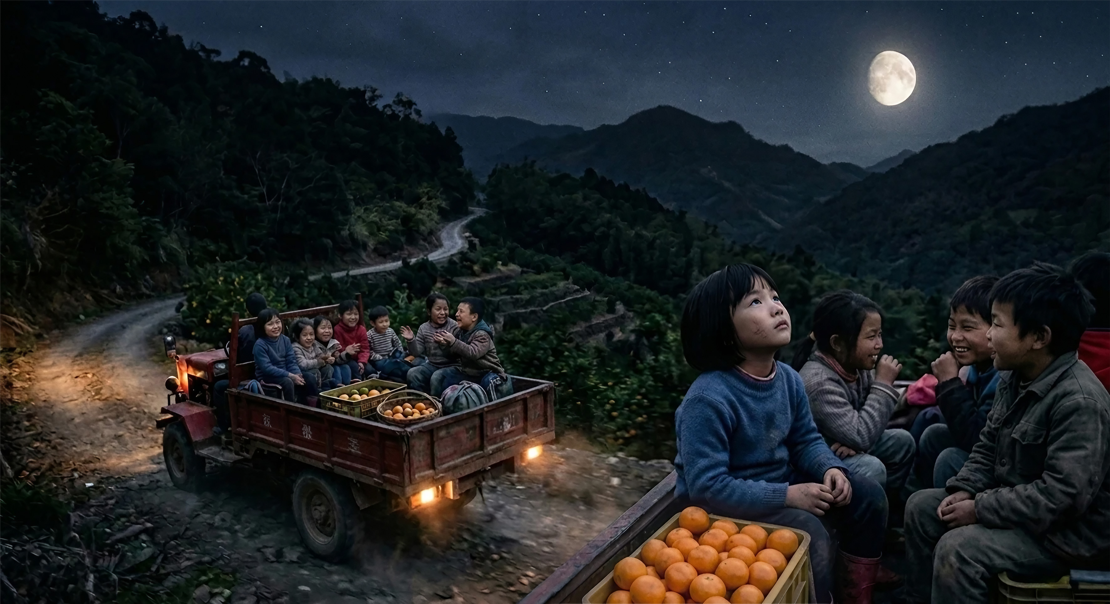 坐在車上仰望月亮的小女孩,當時還不知道,自己未來的人生將與月光餅和柑橘緊緊相連。(圖片來源:AI生成)