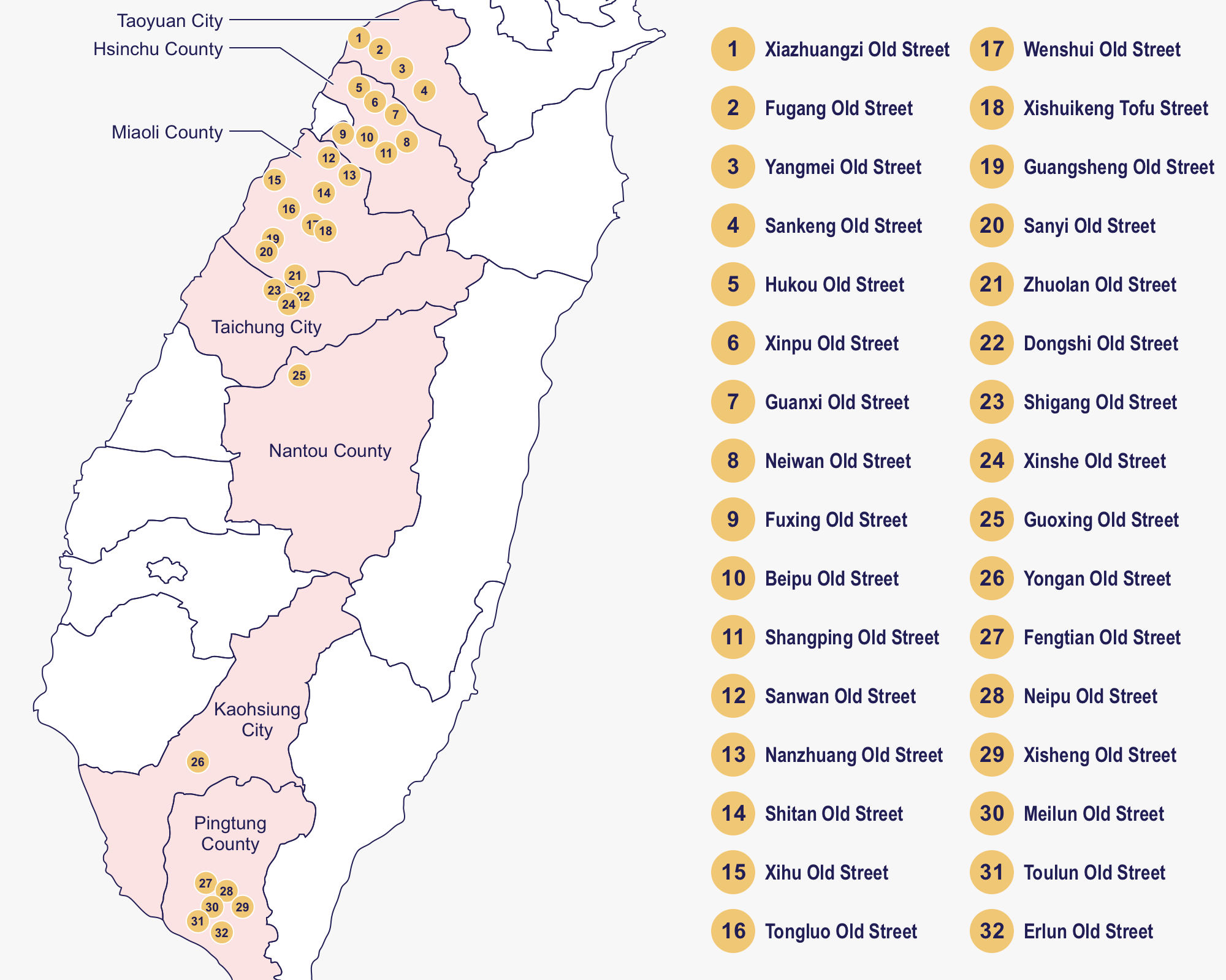 Map of all Hakka old streets in Taiwan